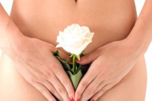 close up of a woman body with  white  rose on her pubes